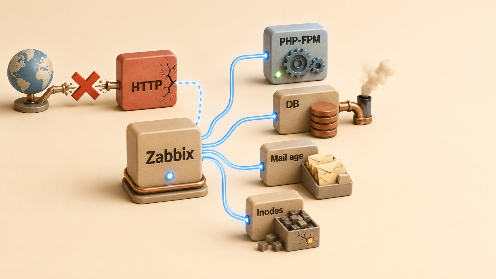 Zabbix сопоставляет внешний HTTP-ответ с состоянием PHP-FPM, базы, возрастом почтовой очереди и свободными inode.